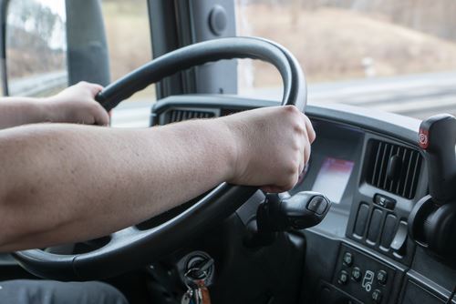 Truck driver holding steering wheel